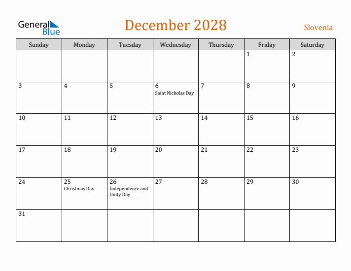 December 2028 Holiday Calendar with Sunday Start