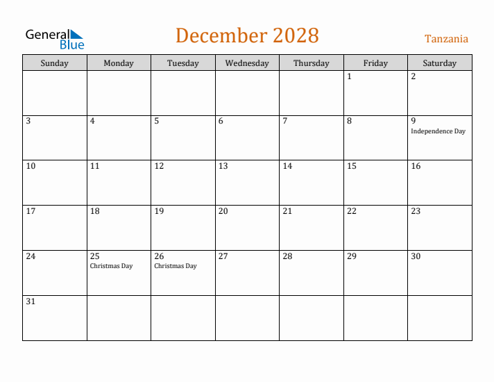 December 2028 Holiday Calendar with Sunday Start