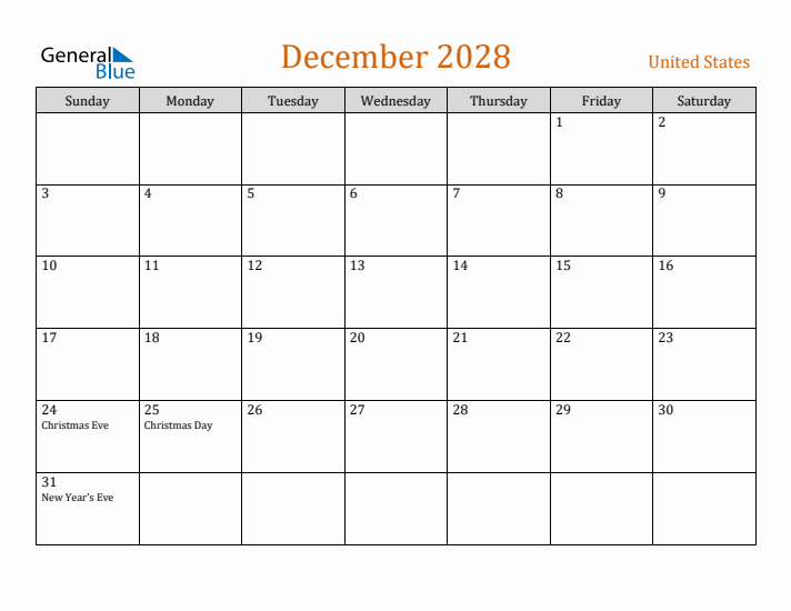 December 2028 Holiday Calendar with Sunday Start