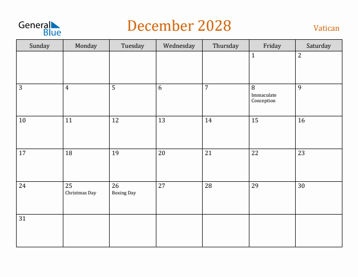 December 2028 Holiday Calendar with Sunday Start