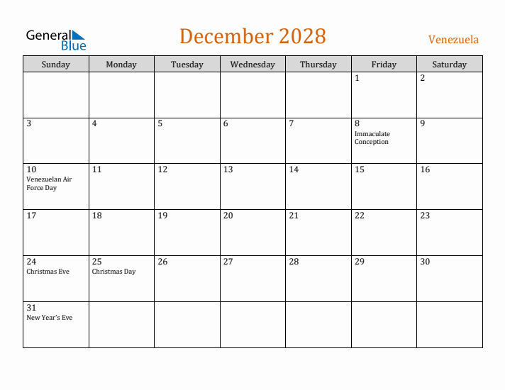 December 2028 Holiday Calendar with Sunday Start