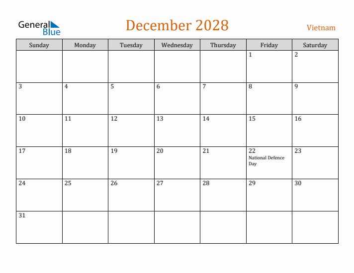 December 2028 Holiday Calendar with Sunday Start