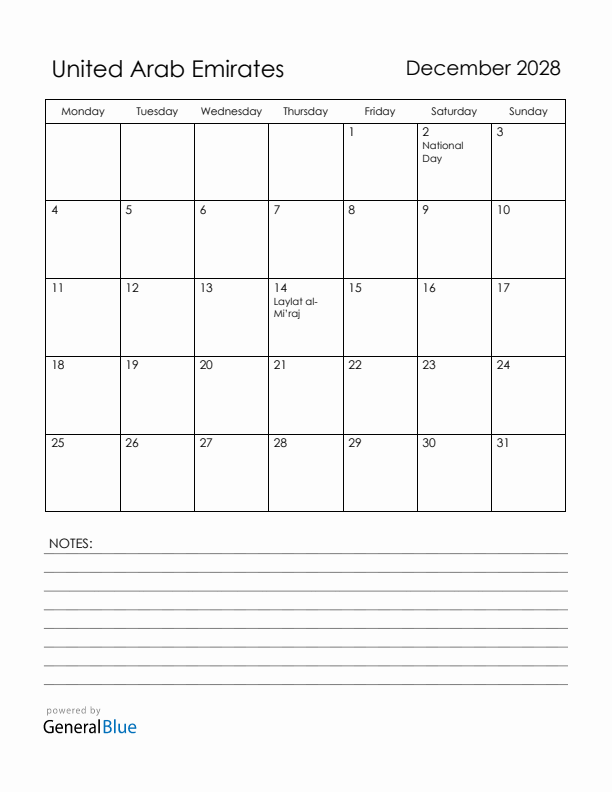 December 2028 United Arab Emirates Calendar with Holidays (Monday Start)