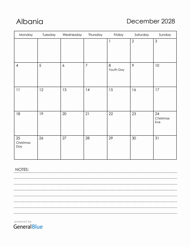 December 2028 Albania Calendar with Holidays (Monday Start)