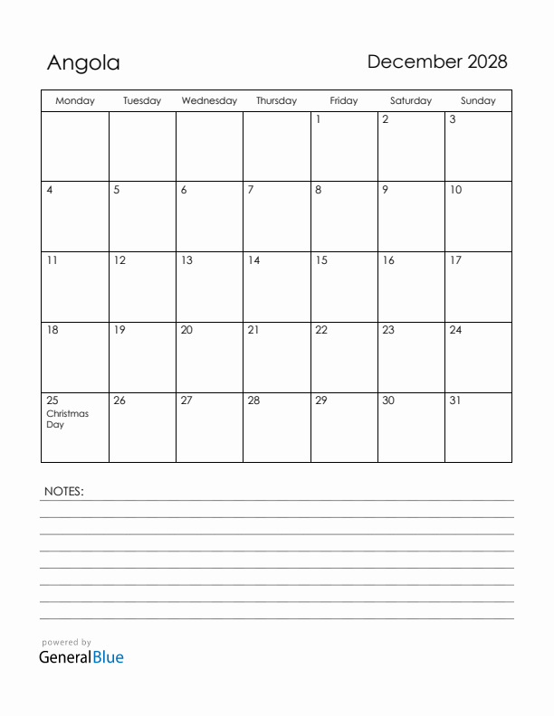 December 2028 Angola Calendar with Holidays (Monday Start)