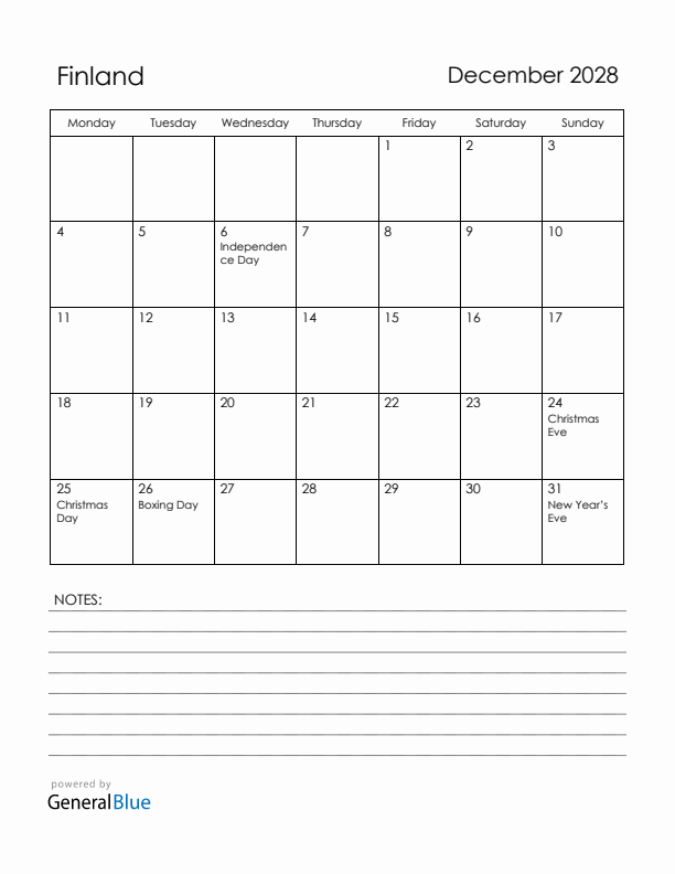 December 2028 Finland Calendar with Holidays (Monday Start)