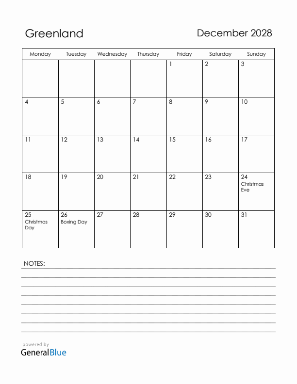 December 2028 Greenland Calendar with Holidays (Monday Start)