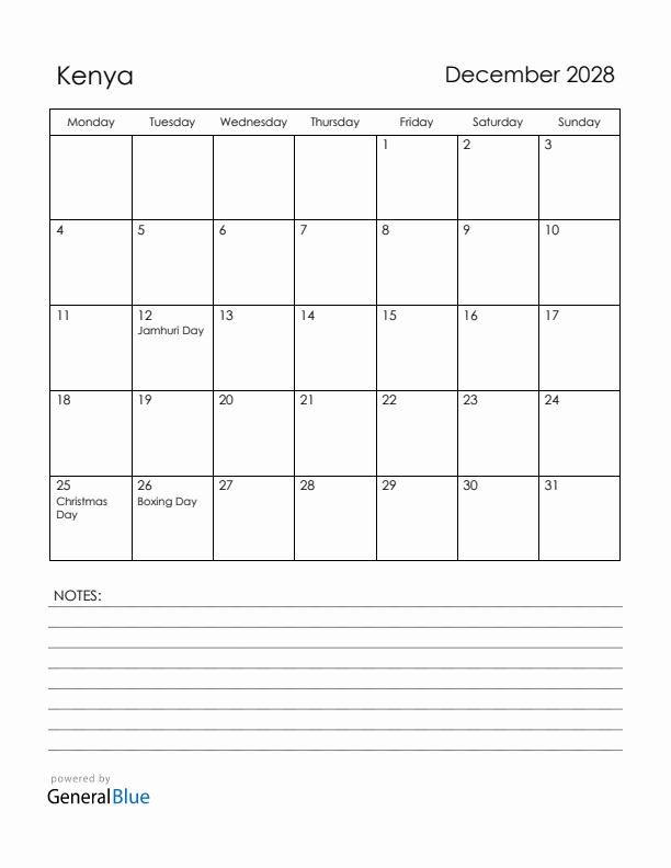 December 2028 Kenya Calendar with Holidays (Monday Start)