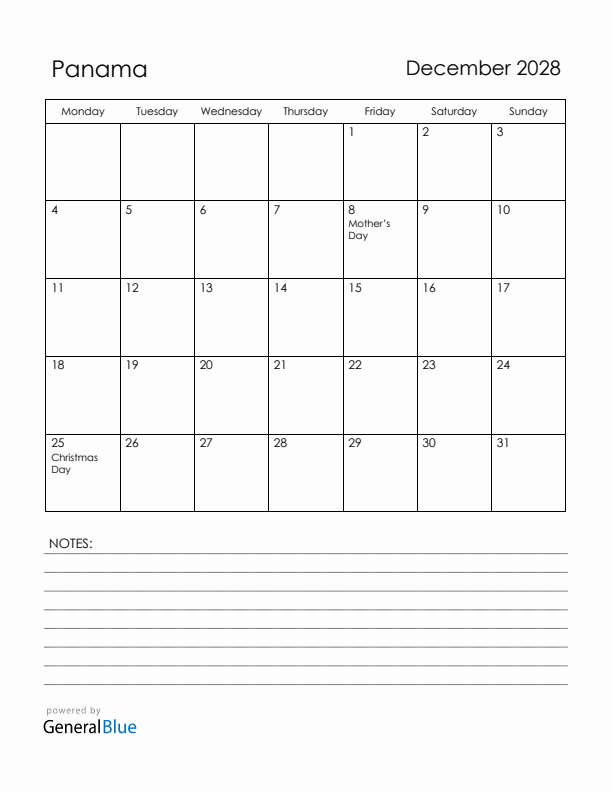 December 2028 Panama Calendar with Holidays (Monday Start)