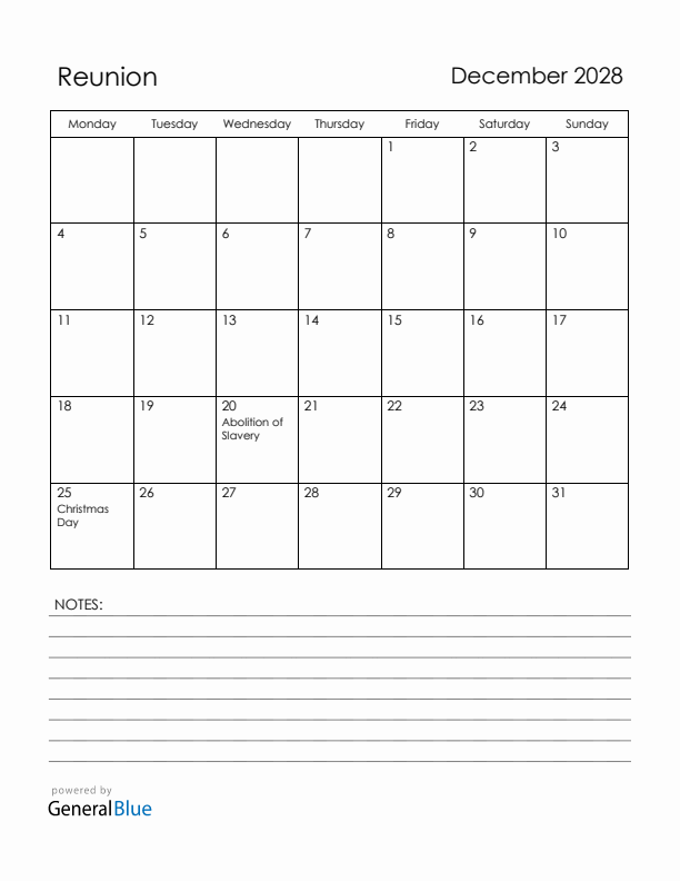December 2028 Reunion Calendar with Holidays (Monday Start)