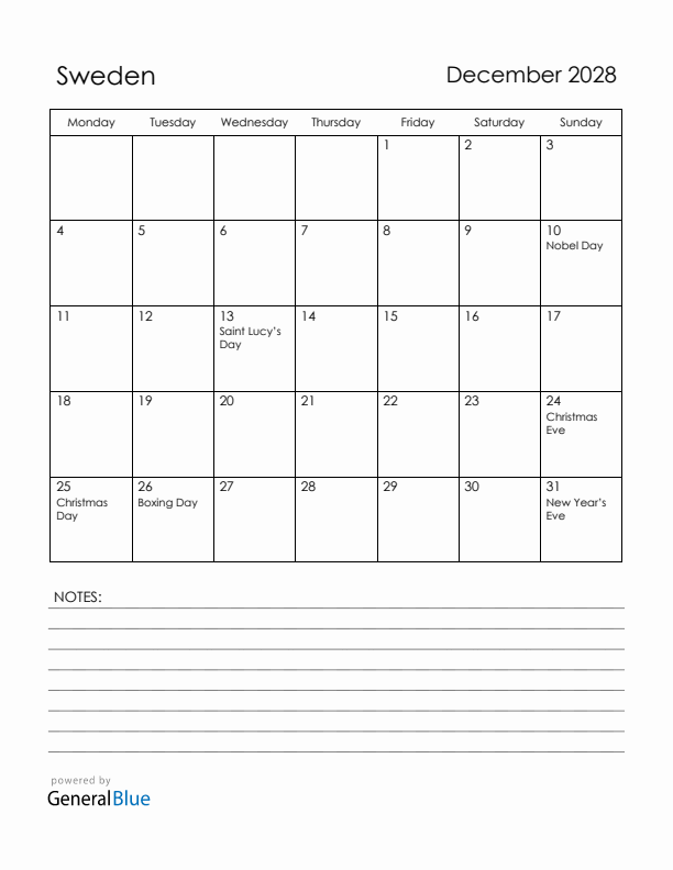 December 2028 Sweden Calendar with Holidays (Monday Start)