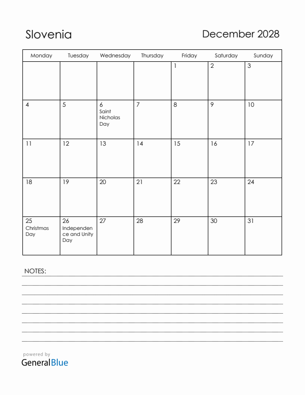 December 2028 Slovenia Calendar with Holidays (Monday Start)