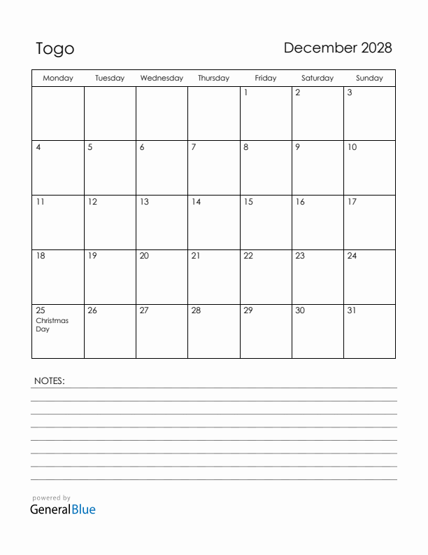December 2028 Togo Calendar with Holidays (Monday Start)