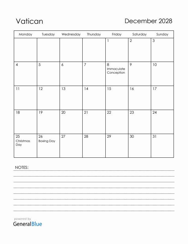 December 2028 Vatican Calendar with Holidays (Monday Start)