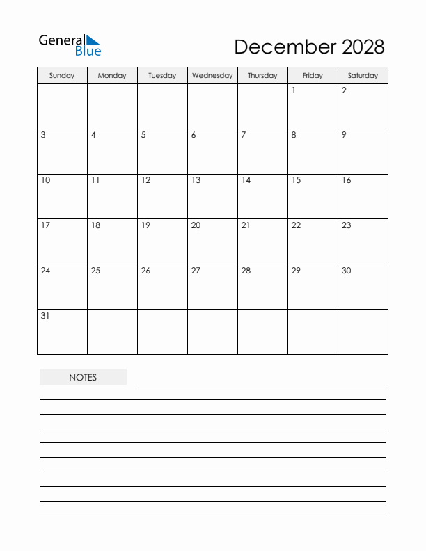 Printable Calendar with Notes - December 2028 