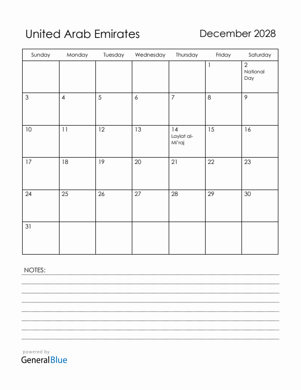 December 2028 United Arab Emirates Calendar with Holidays (Sunday Start)