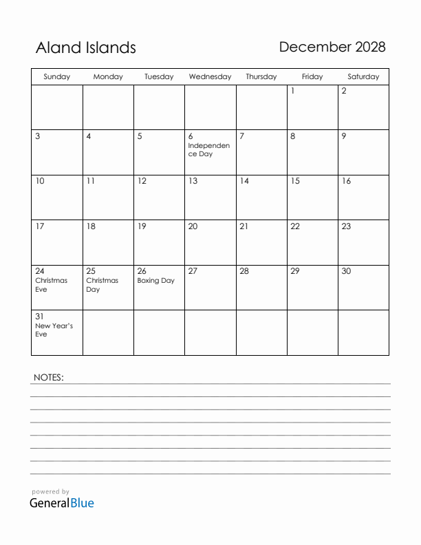December 2028 Aland Islands Calendar with Holidays (Sunday Start)