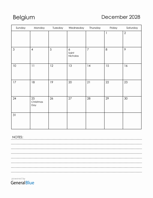 December 2028 Belgium Calendar with Holidays (Sunday Start)