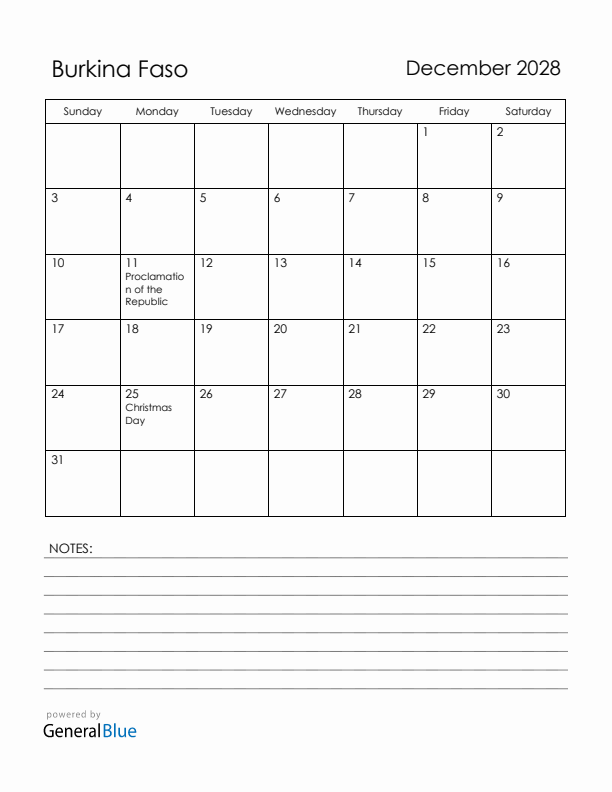 December 2028 Burkina Faso Calendar with Holidays (Sunday Start)
