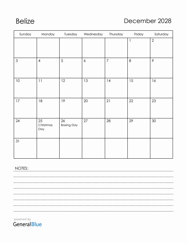 December 2028 Belize Calendar with Holidays (Sunday Start)