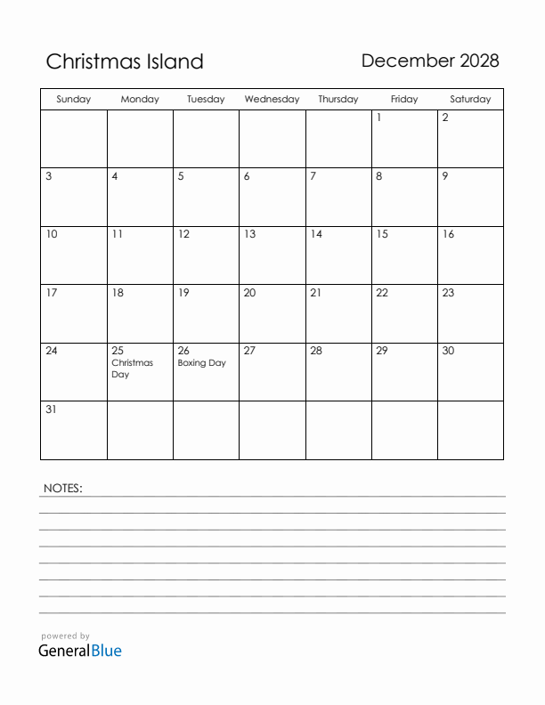 December 2028 Christmas Island Calendar with Holidays (Sunday Start)