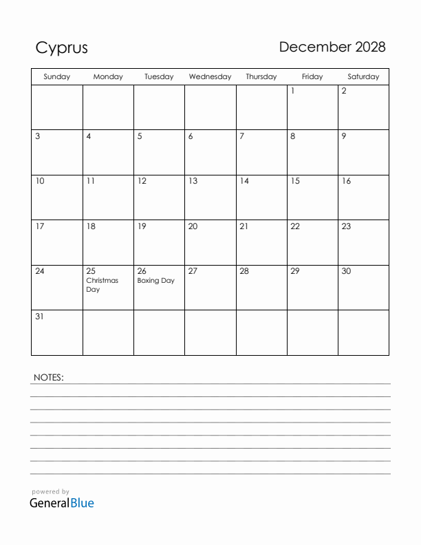 December 2028 Cyprus Calendar with Holidays (Sunday Start)