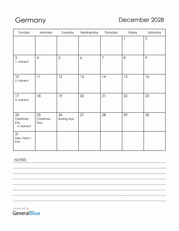 December 2028 Germany Calendar with Holidays (Sunday Start)