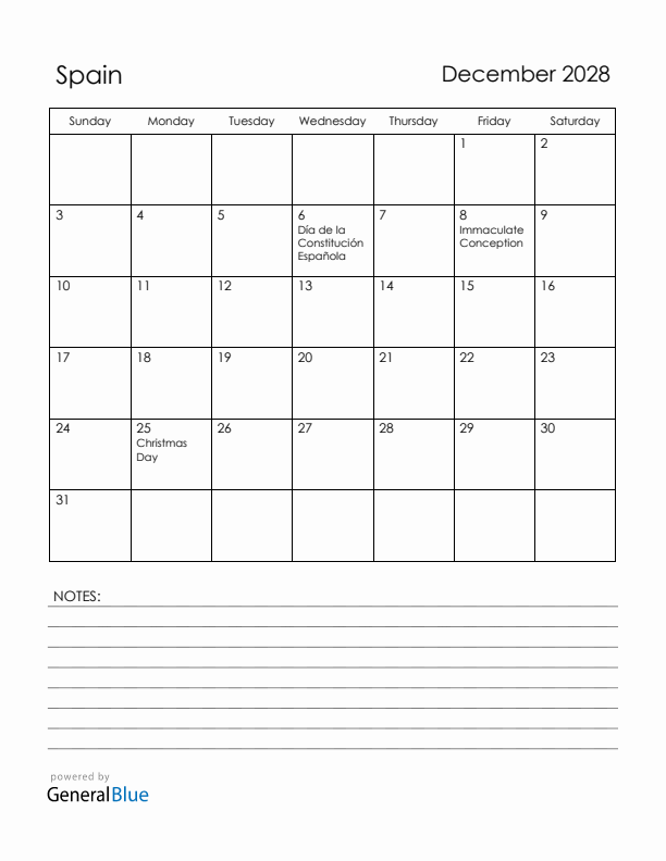 December 2028 Spain Calendar with Holidays (Sunday Start)