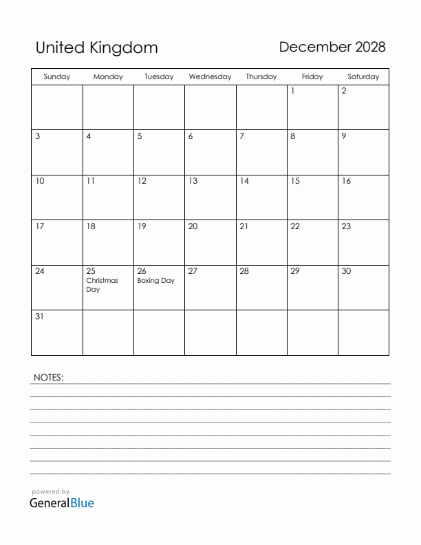 December 2028 United Kingdom Calendar with Holidays (Sunday Start)