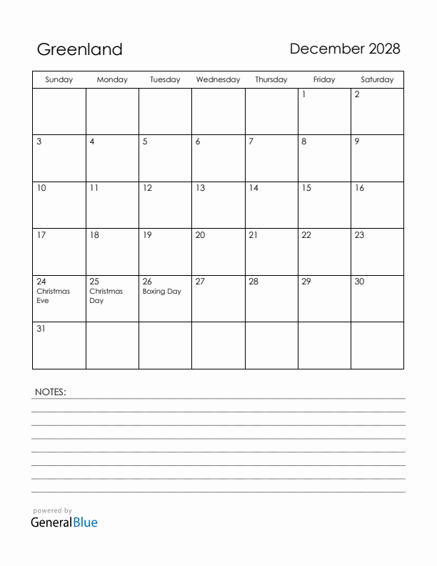 December 2028 Greenland Calendar with Holidays (Sunday Start)