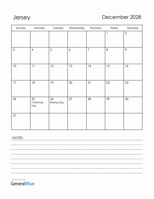 December 2028 Jersey Calendar with Holidays (Sunday Start)