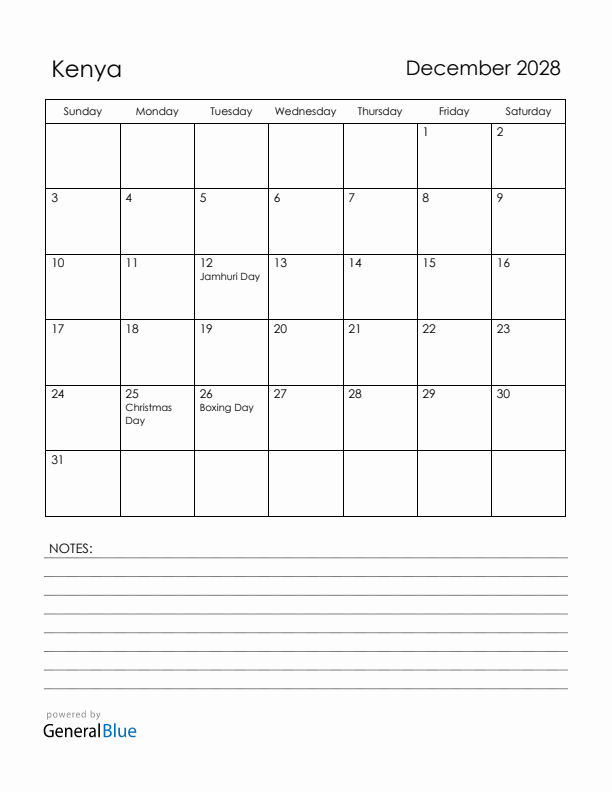 December 2028 Kenya Calendar with Holidays (Sunday Start)