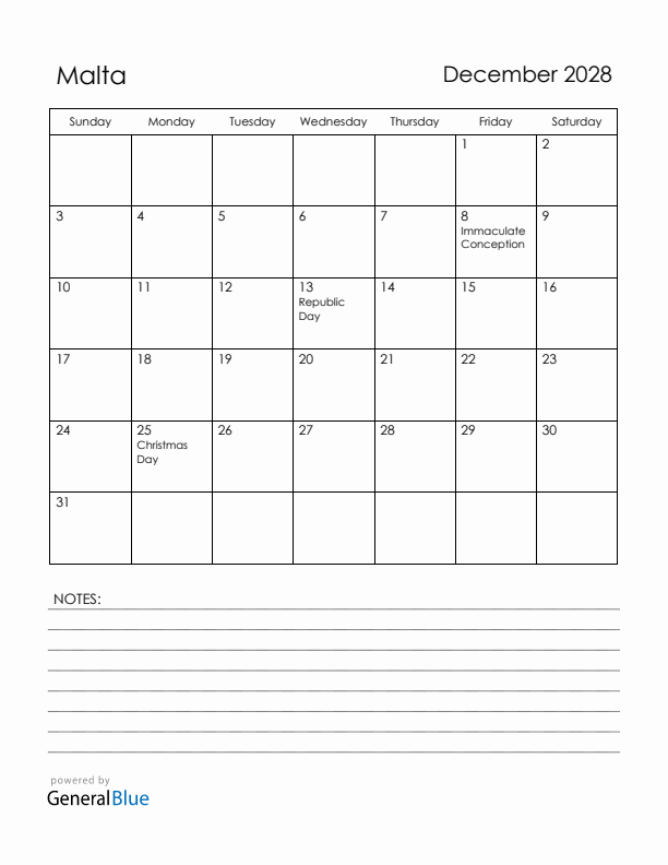 December 2028 Malta Calendar with Holidays (Sunday Start)