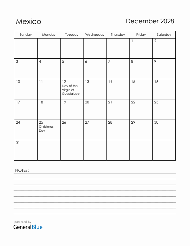 December 2028 Mexico Calendar with Holidays (Sunday Start)