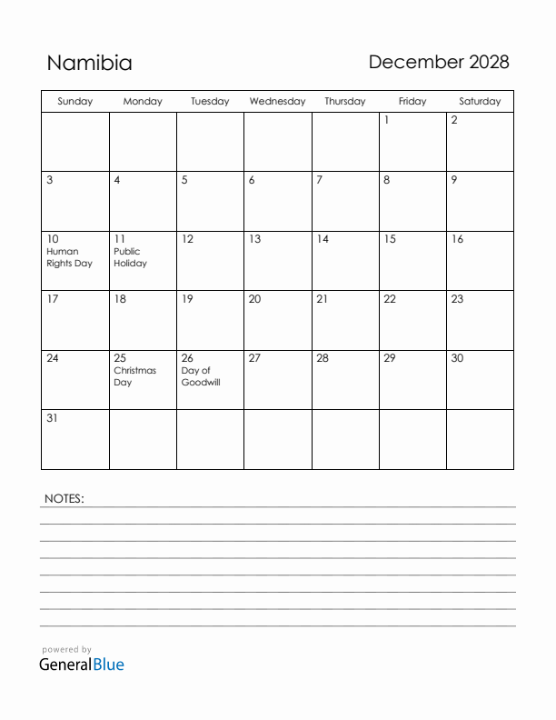 December 2028 Namibia Calendar with Holidays (Sunday Start)