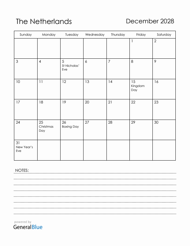December 2028 The Netherlands Calendar with Holidays (Sunday Start)