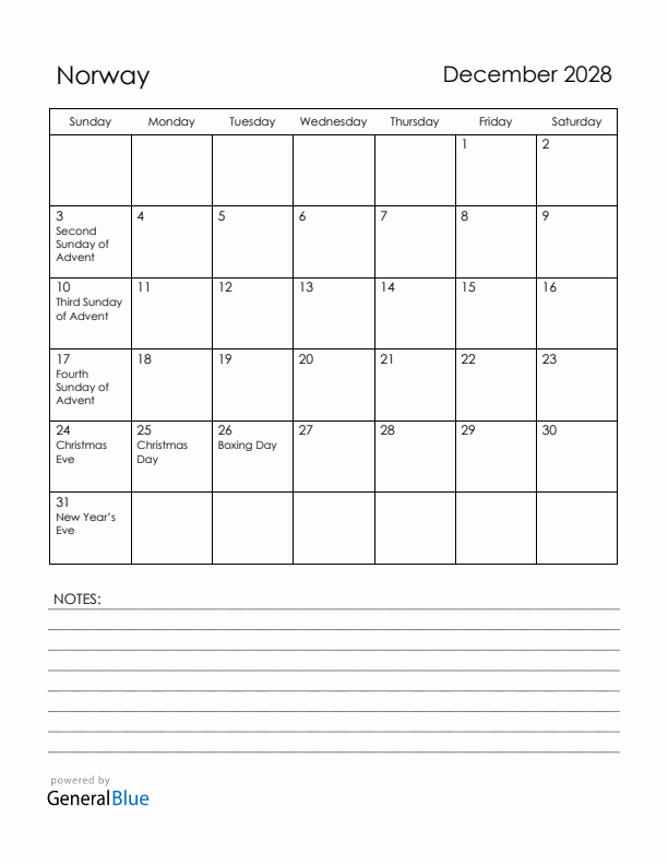 December 2028 Norway Calendar with Holidays (Sunday Start)