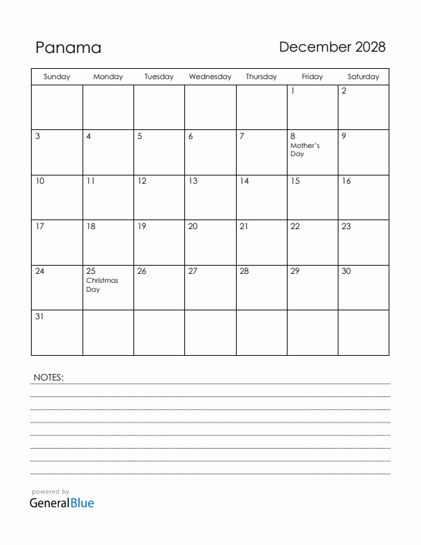 December 2028 Panama Calendar with Holidays (Sunday Start)