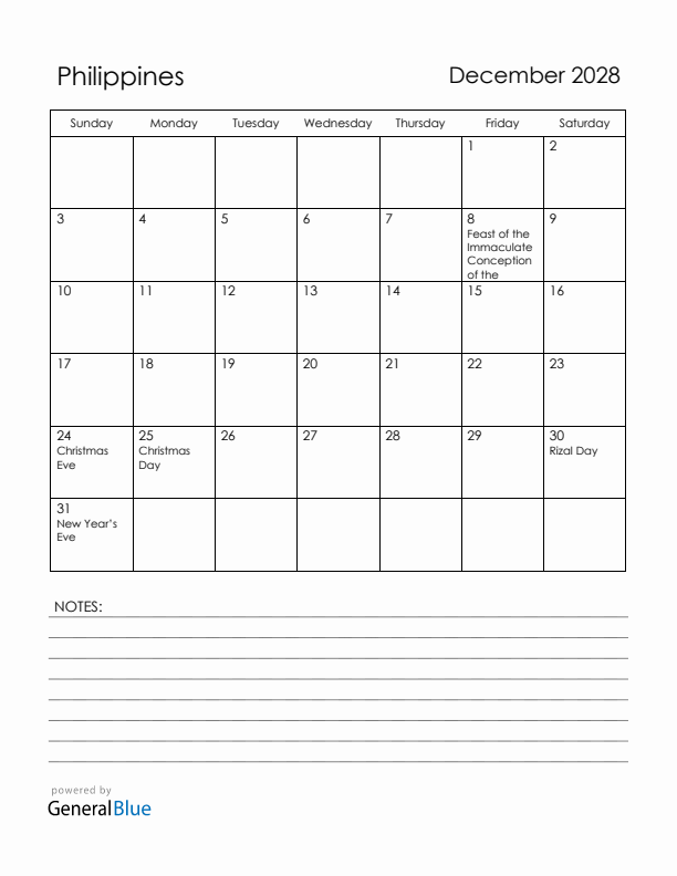 December 2028 Philippines Calendar with Holidays (Sunday Start)