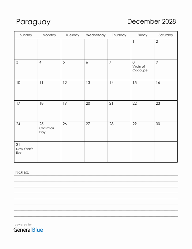 December 2028 Paraguay Calendar with Holidays (Sunday Start)