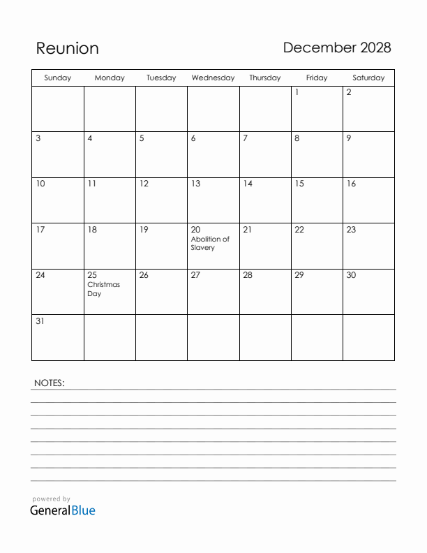 December 2028 Reunion Calendar with Holidays (Sunday Start)