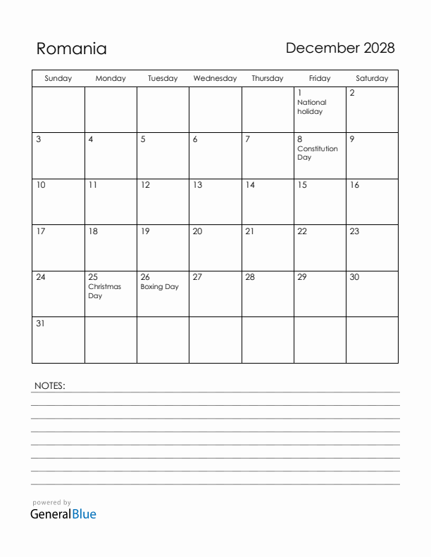 December 2028 Romania Calendar with Holidays (Sunday Start)