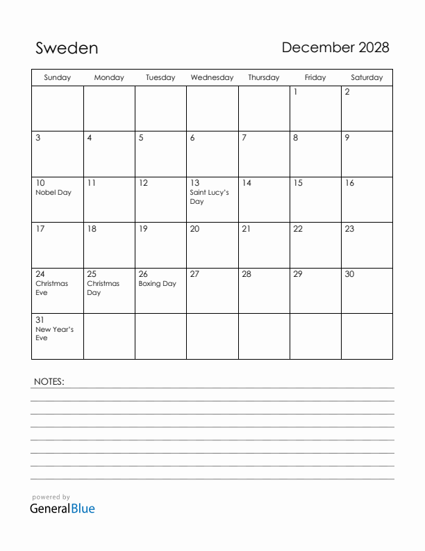 December 2028 Sweden Calendar with Holidays (Sunday Start)