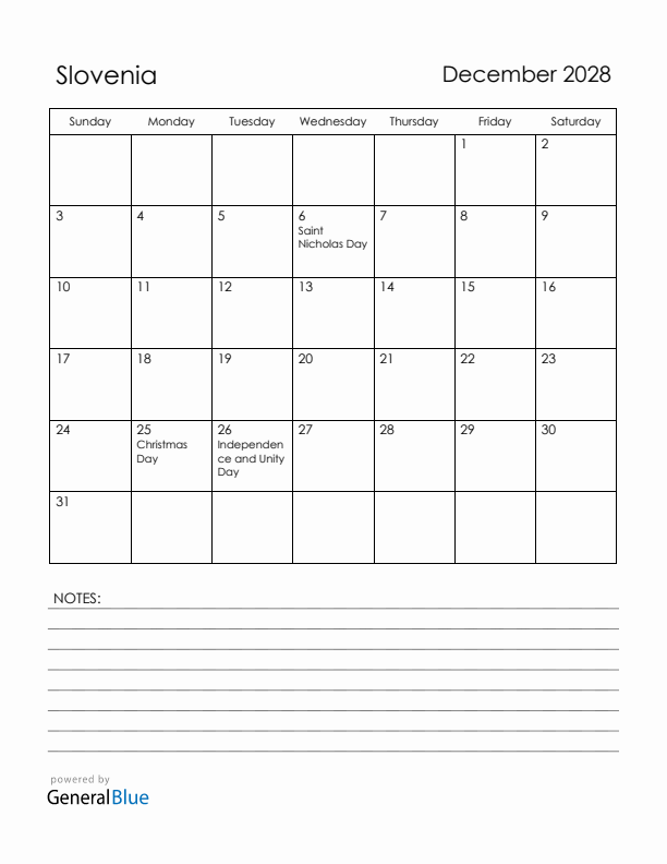 December 2028 Slovenia Calendar with Holidays (Sunday Start)