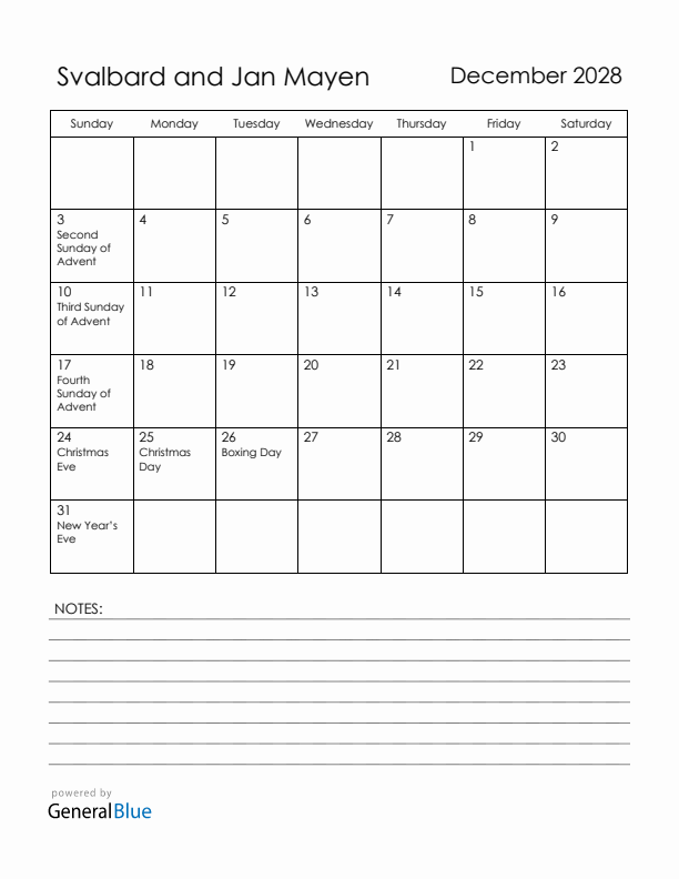 December 2028 Svalbard and Jan Mayen Calendar with Holidays (Sunday Start)