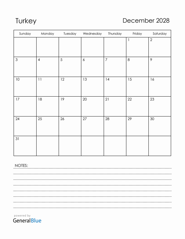 December 2028 Turkey Calendar with Holidays (Sunday Start)