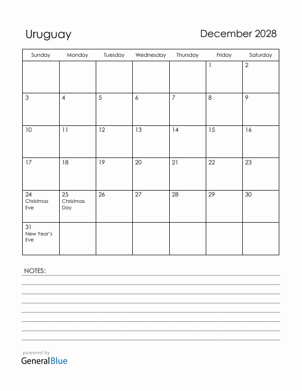 December 2028 Uruguay Calendar with Holidays (Sunday Start)