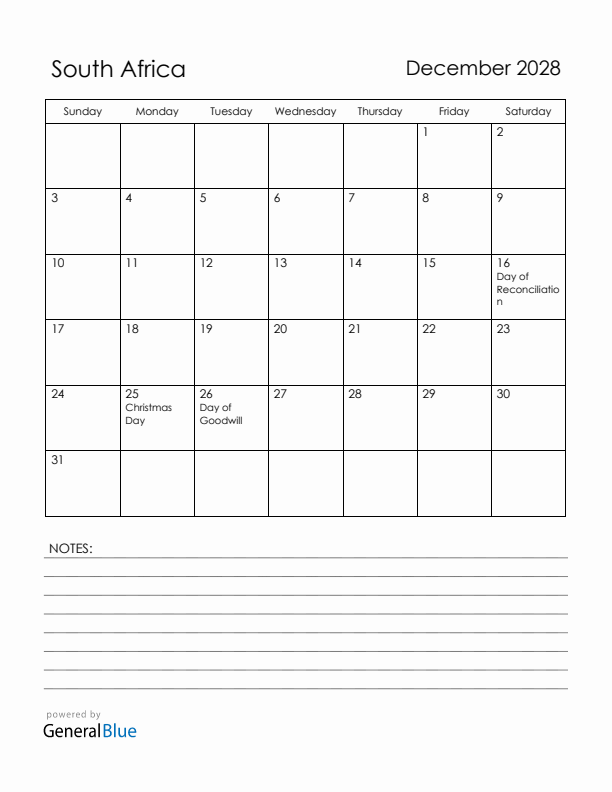 December 2028 South Africa Calendar with Holidays (Sunday Start)