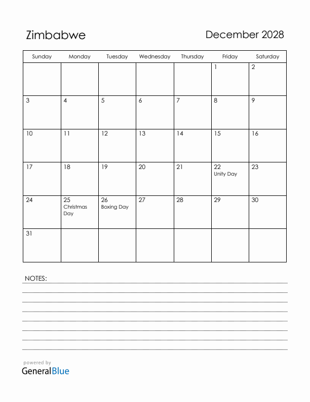 December 2028 Zimbabwe Calendar with Holidays (Sunday Start)