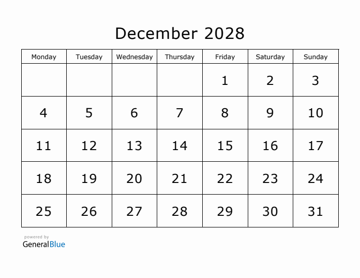 Printable December 2028 Calendar - Monday Start